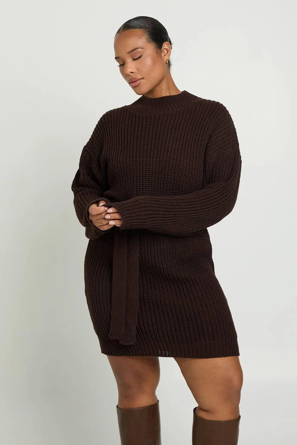 Knitted Tie Belt Mini Dress by boohoo