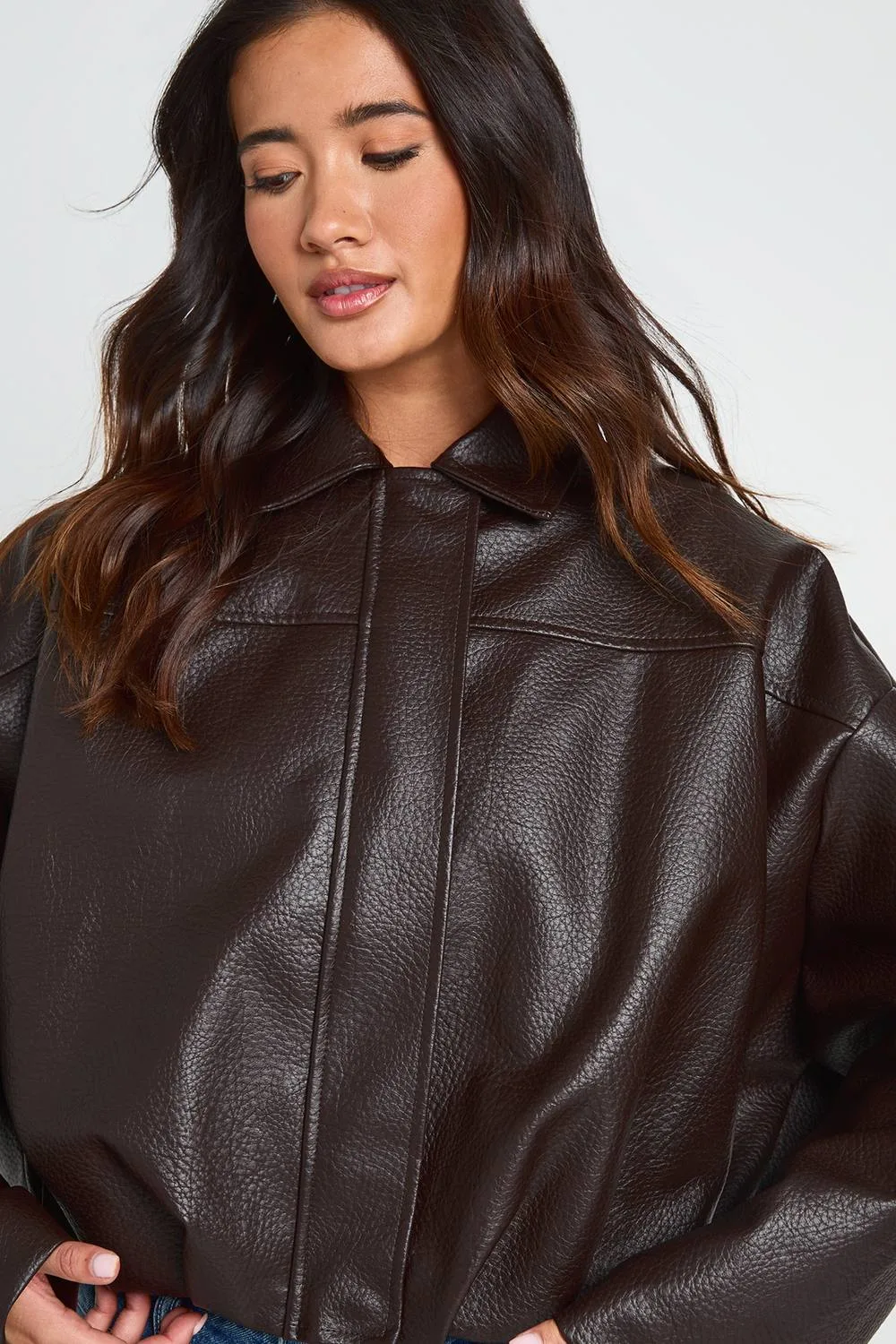 Collared Faux Leather Bomber Jacket by boohoo