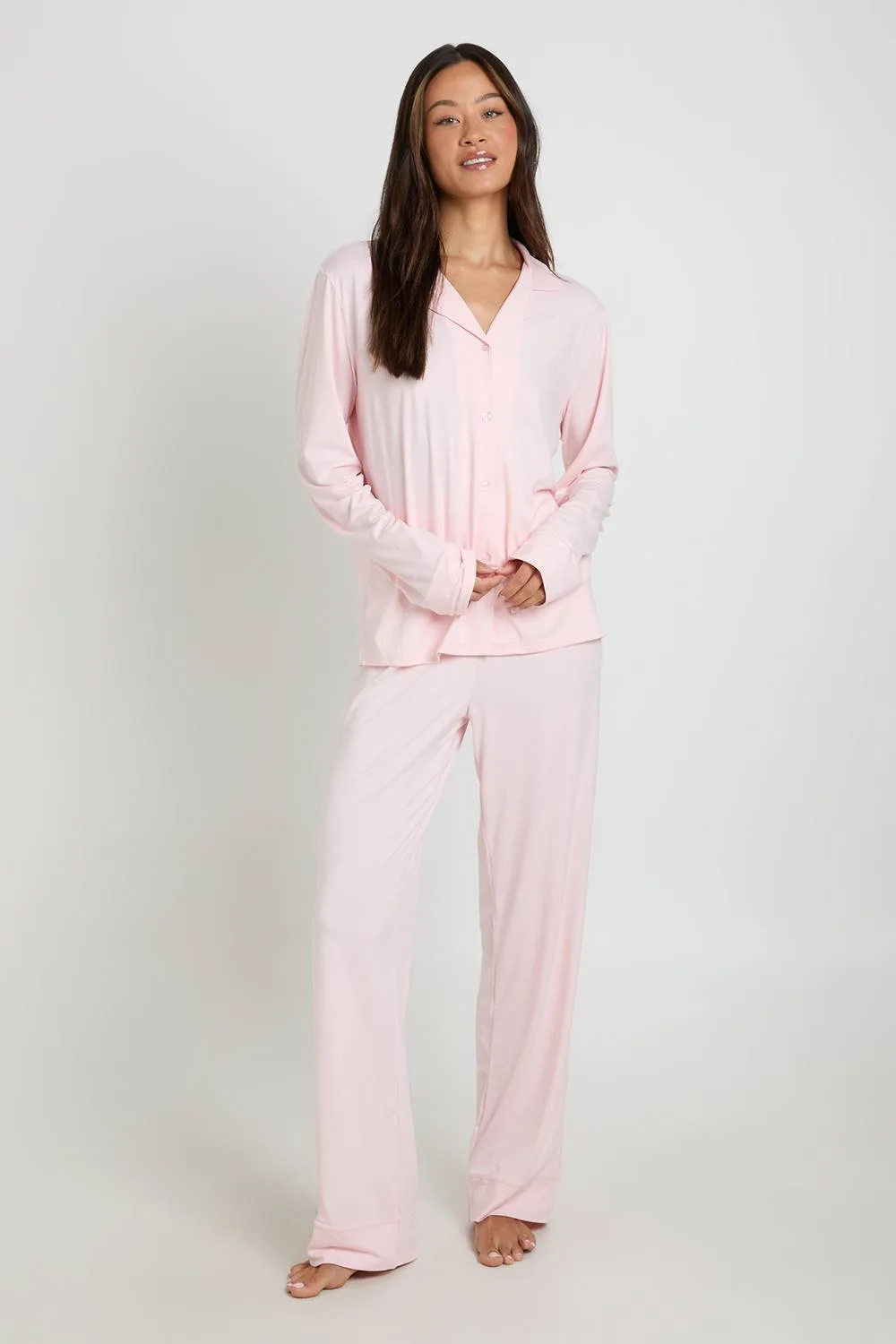 Tall Soft Touch Button Through Shirt & Trouser Pyjama Set by boohoo