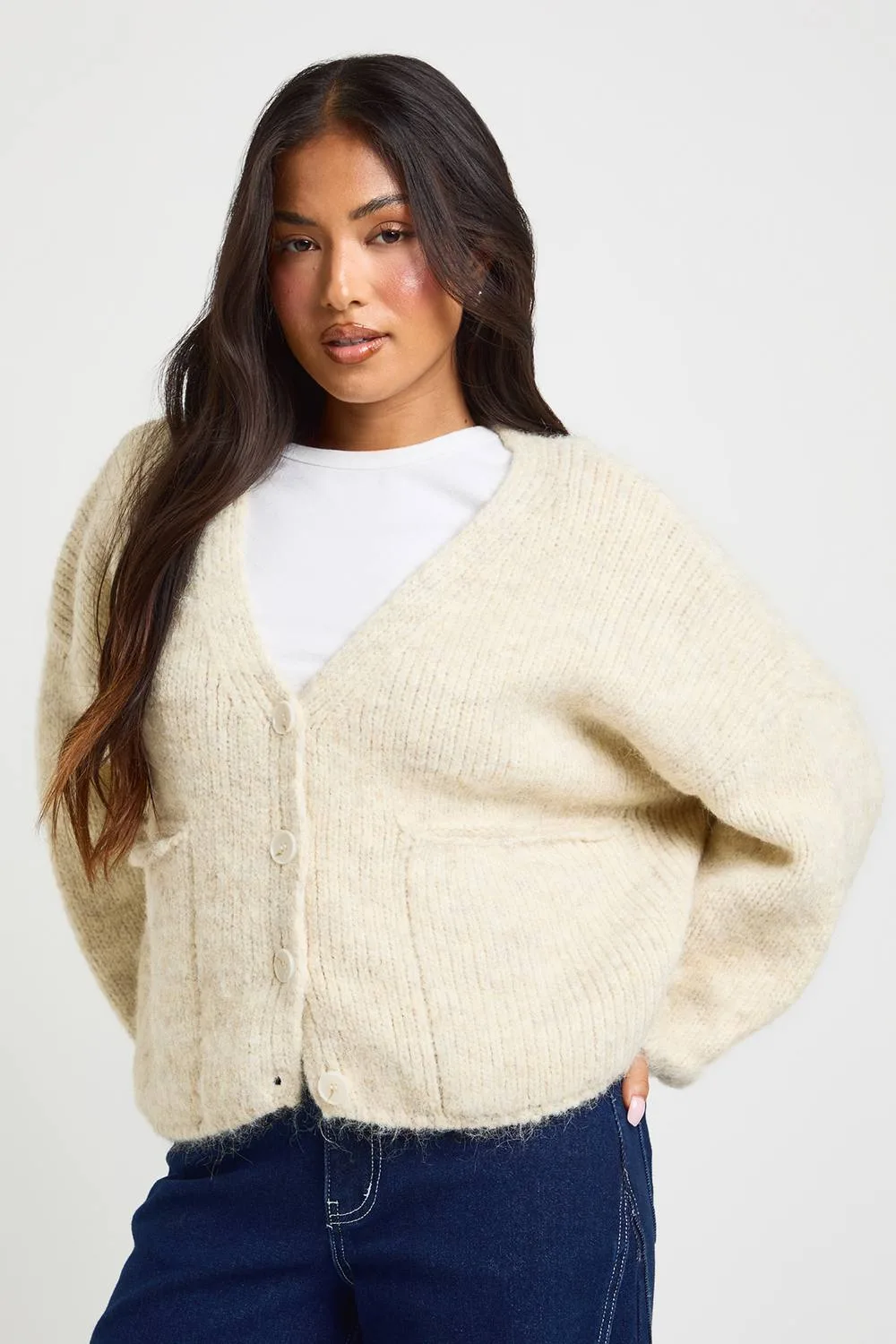 Petite Soft Knit Oversized Cardigan - Stone by boohoo