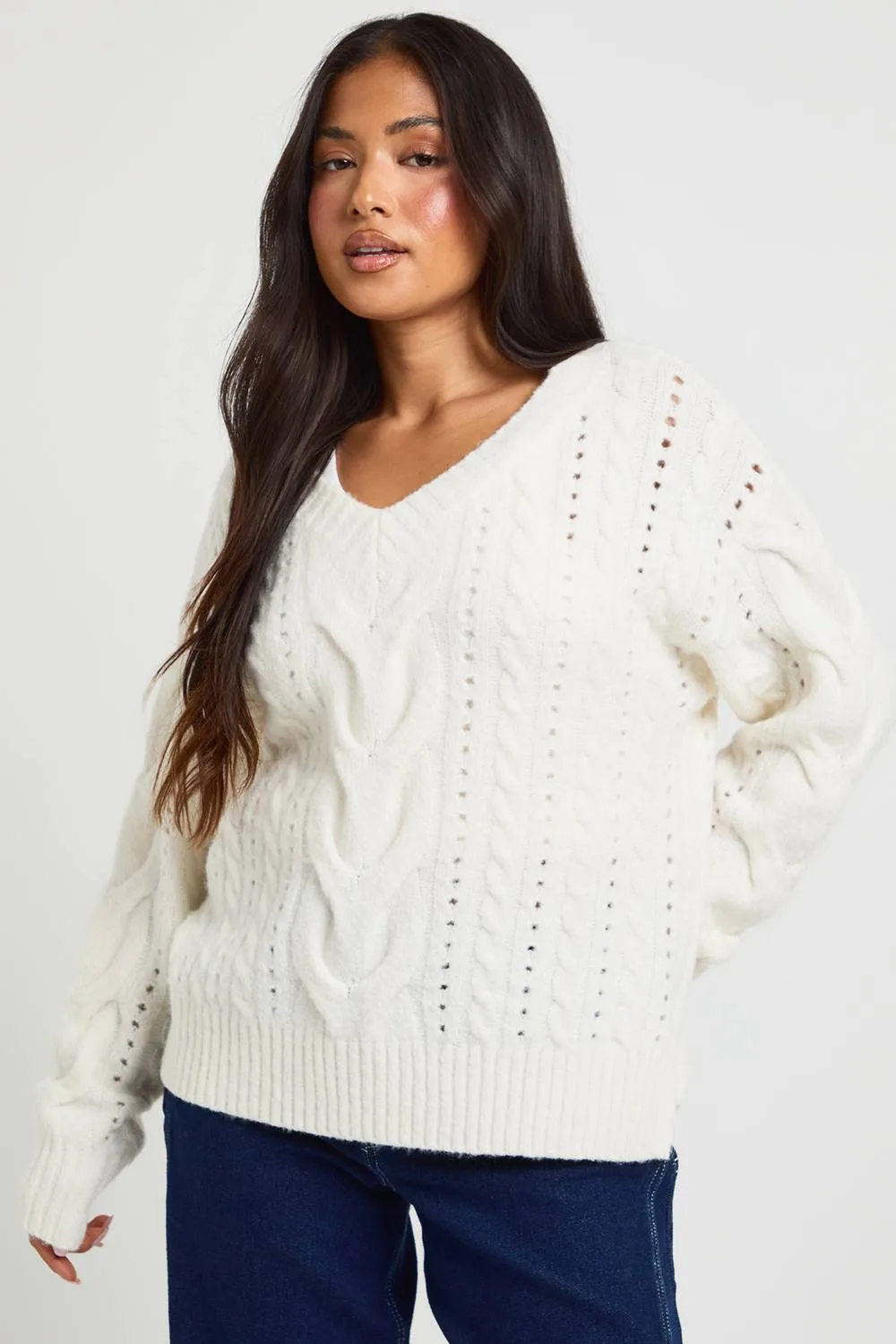 Petite Cable Knit V Neck Oversized Jumper