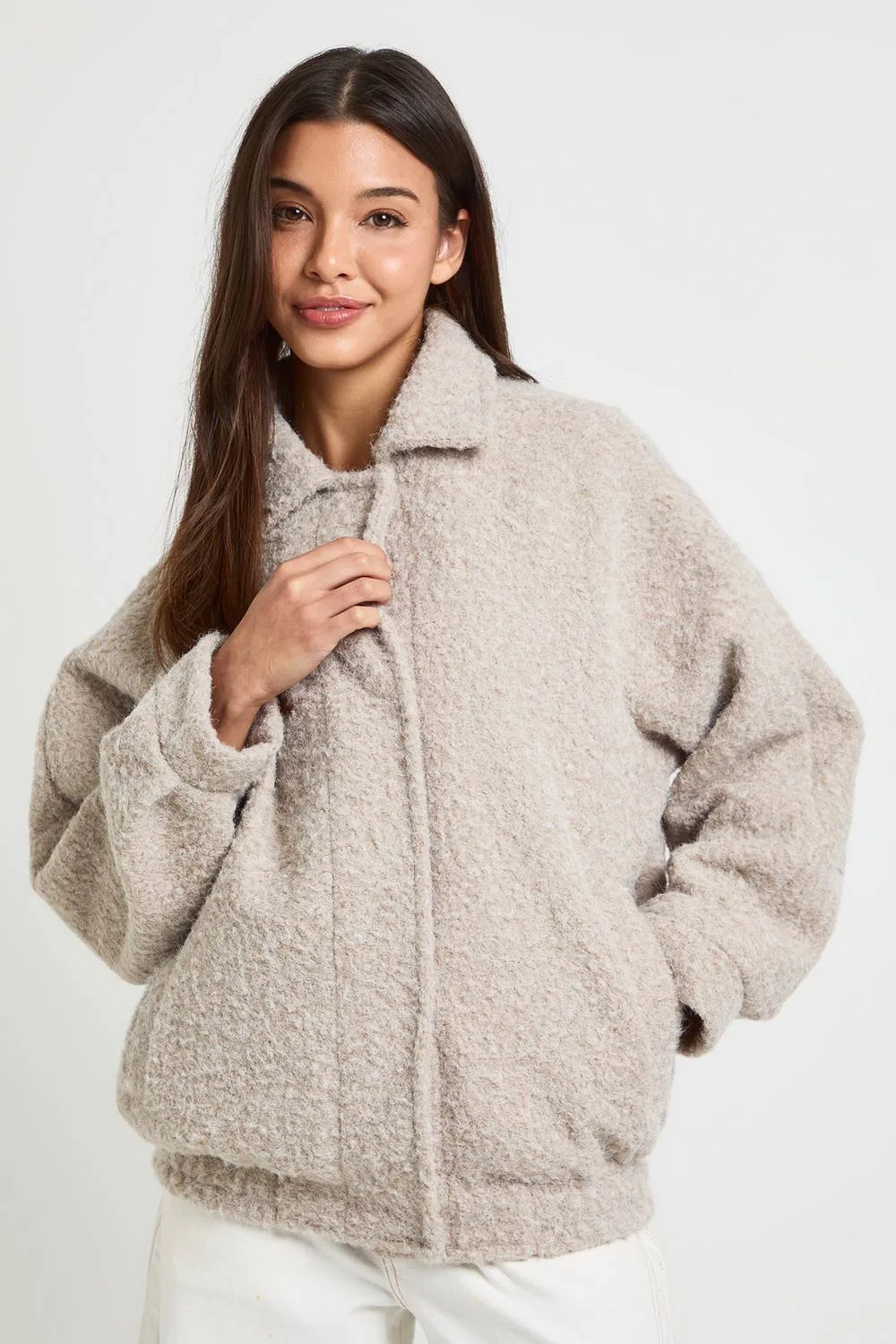 Collared Textured Wool Look Jacket - Stone by boohoo
