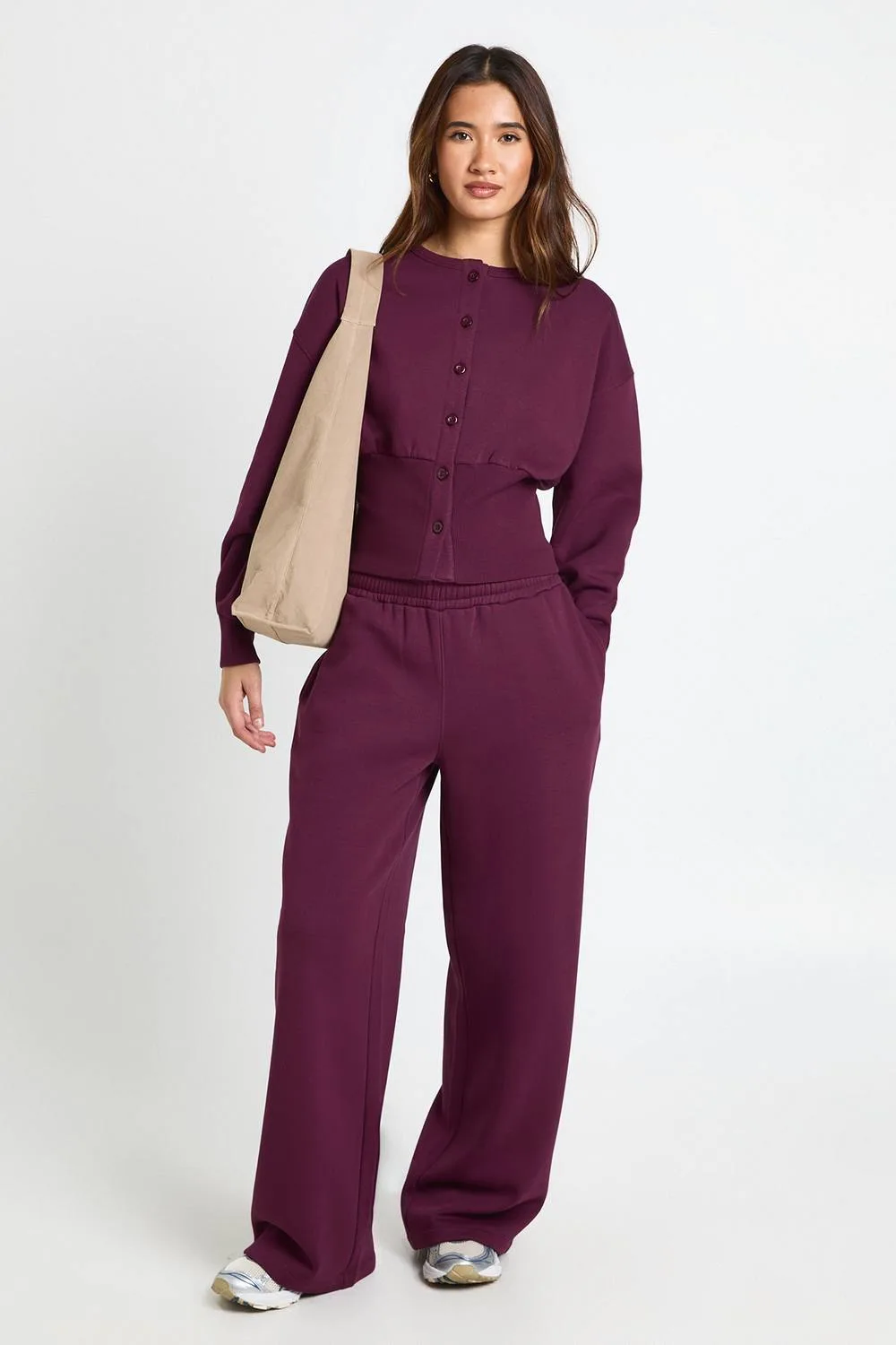 Cinched Waist Button Through Sweatshirt Tracksuit by boohoo