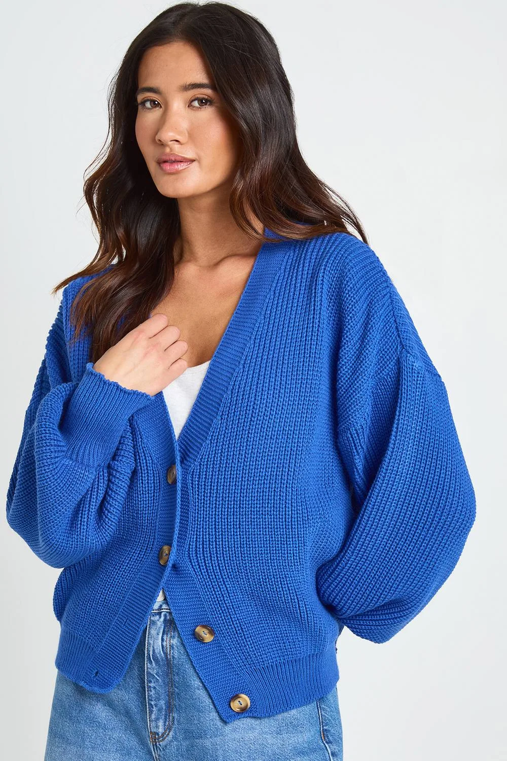 Balloon Sleeve Button Through Rib Cardigan