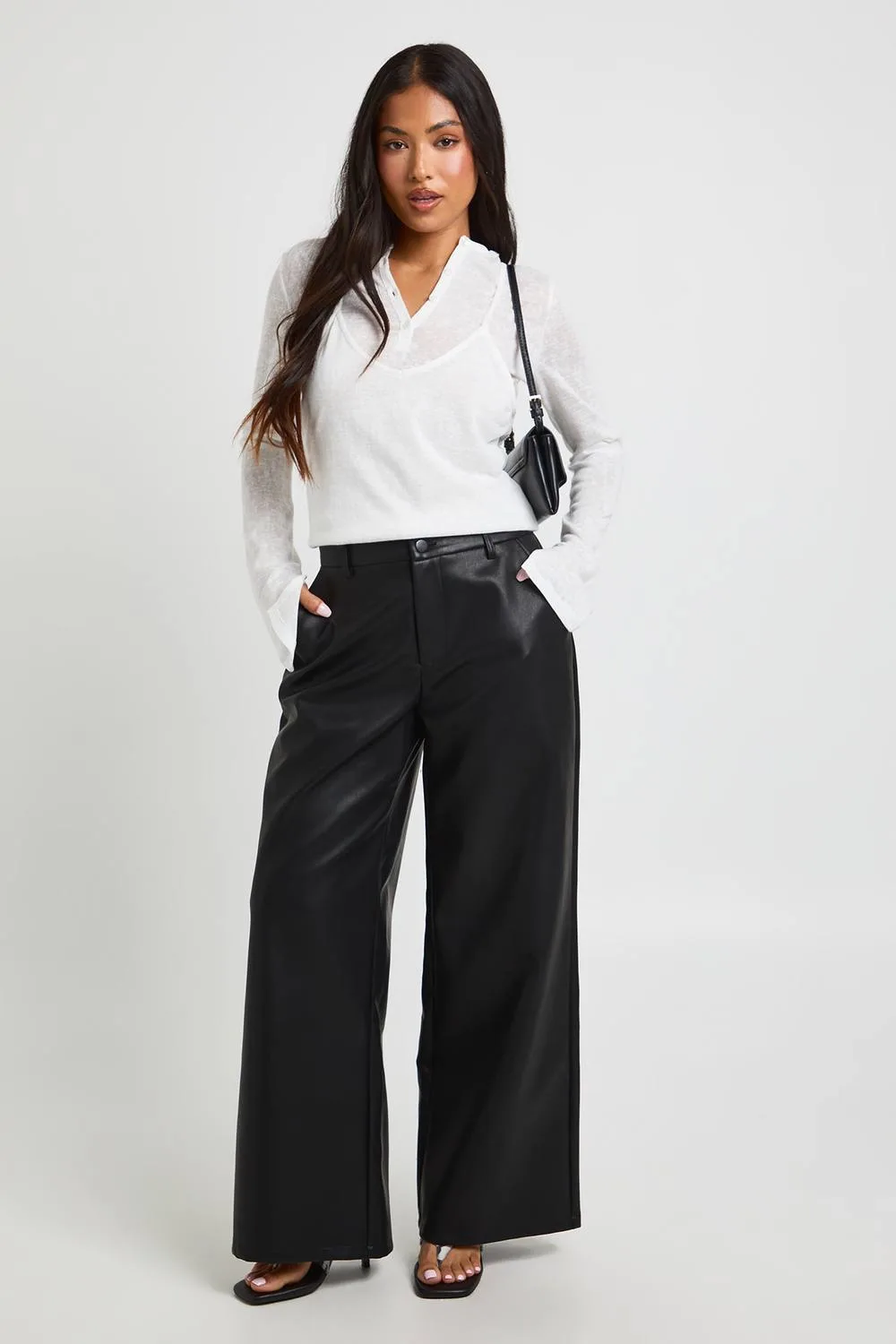 Petite Faux Leather Wide Leg Trouser by boohoo