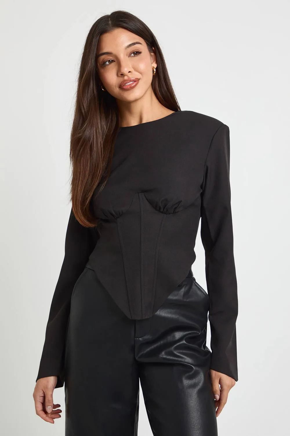 Corset Detail Long Sleeve Tailored Top by boohoo