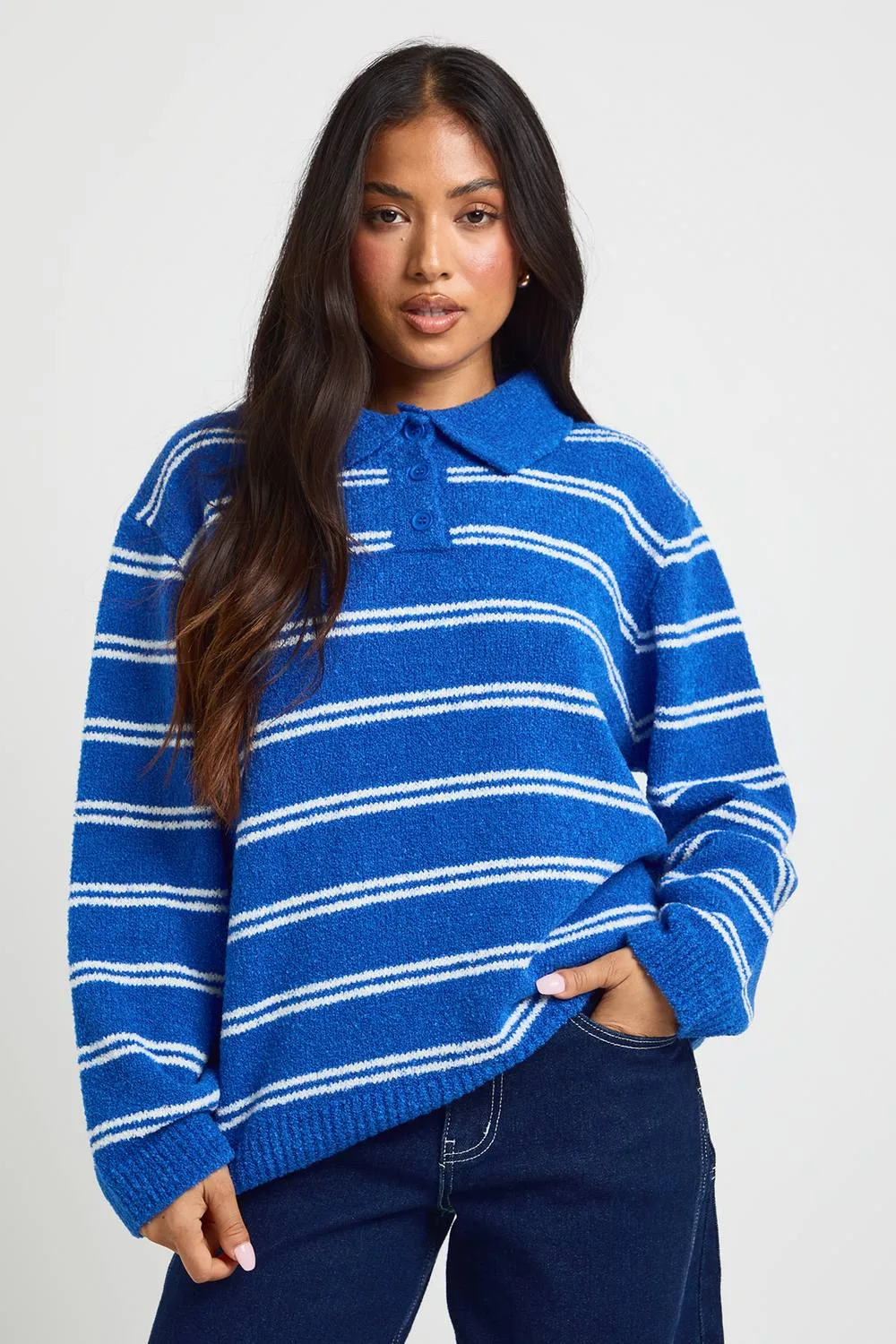 Petite Stripe Collared Knitted Jumper by boohoo