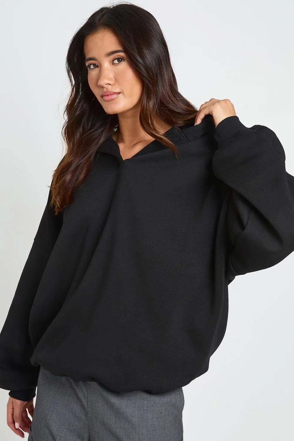 Notch Neck Balloon Sleeve Oversized Hoodie by boohoo