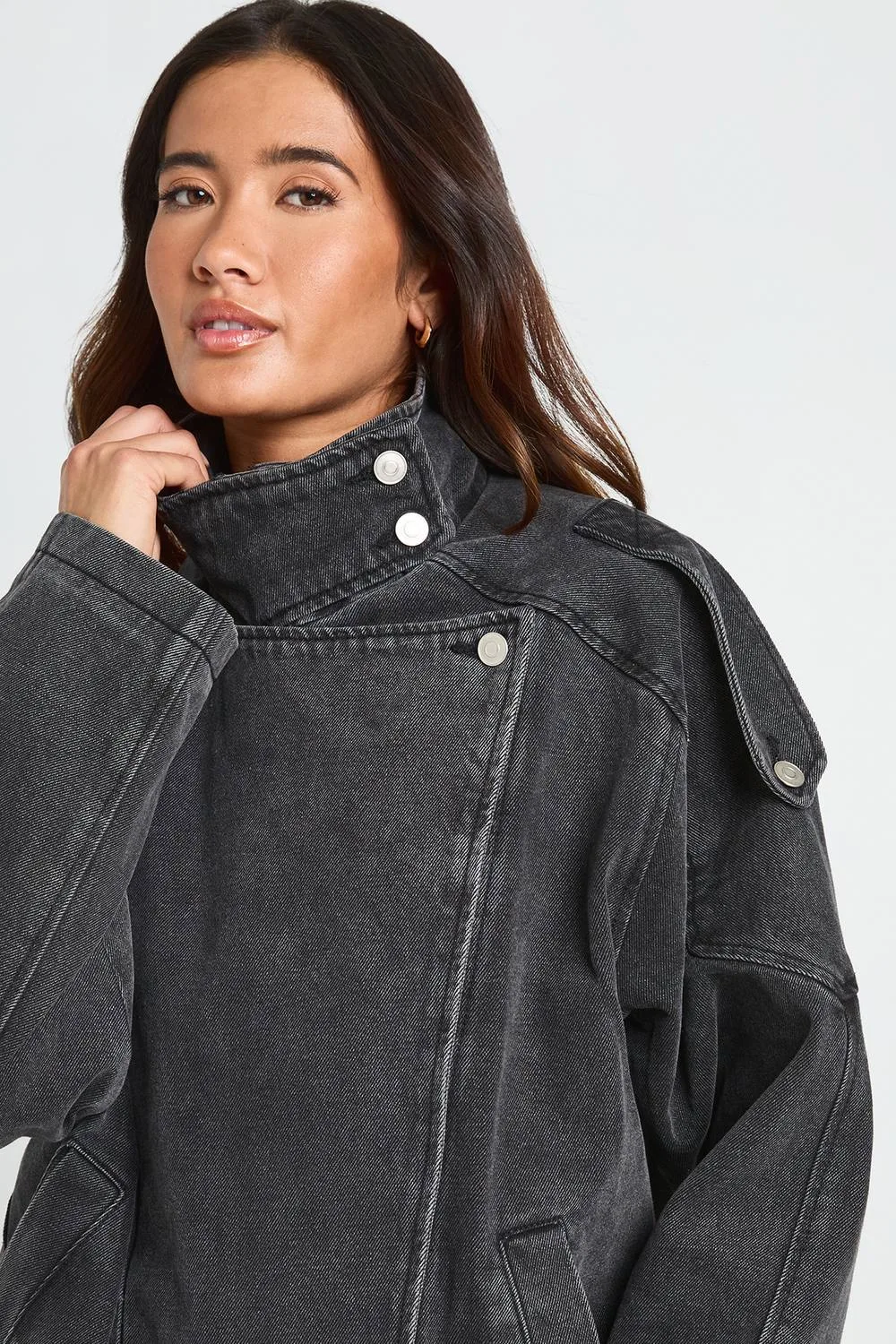 Funnel Neck Denim Jacket by boohoo