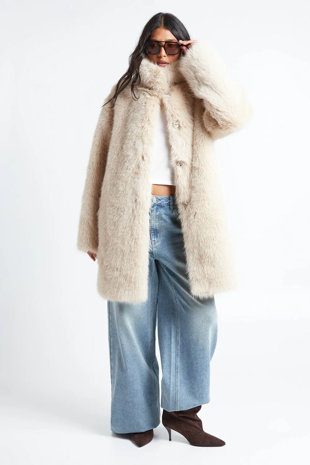 High Neck Luxe Textured Faux Fur Coat by boohoo