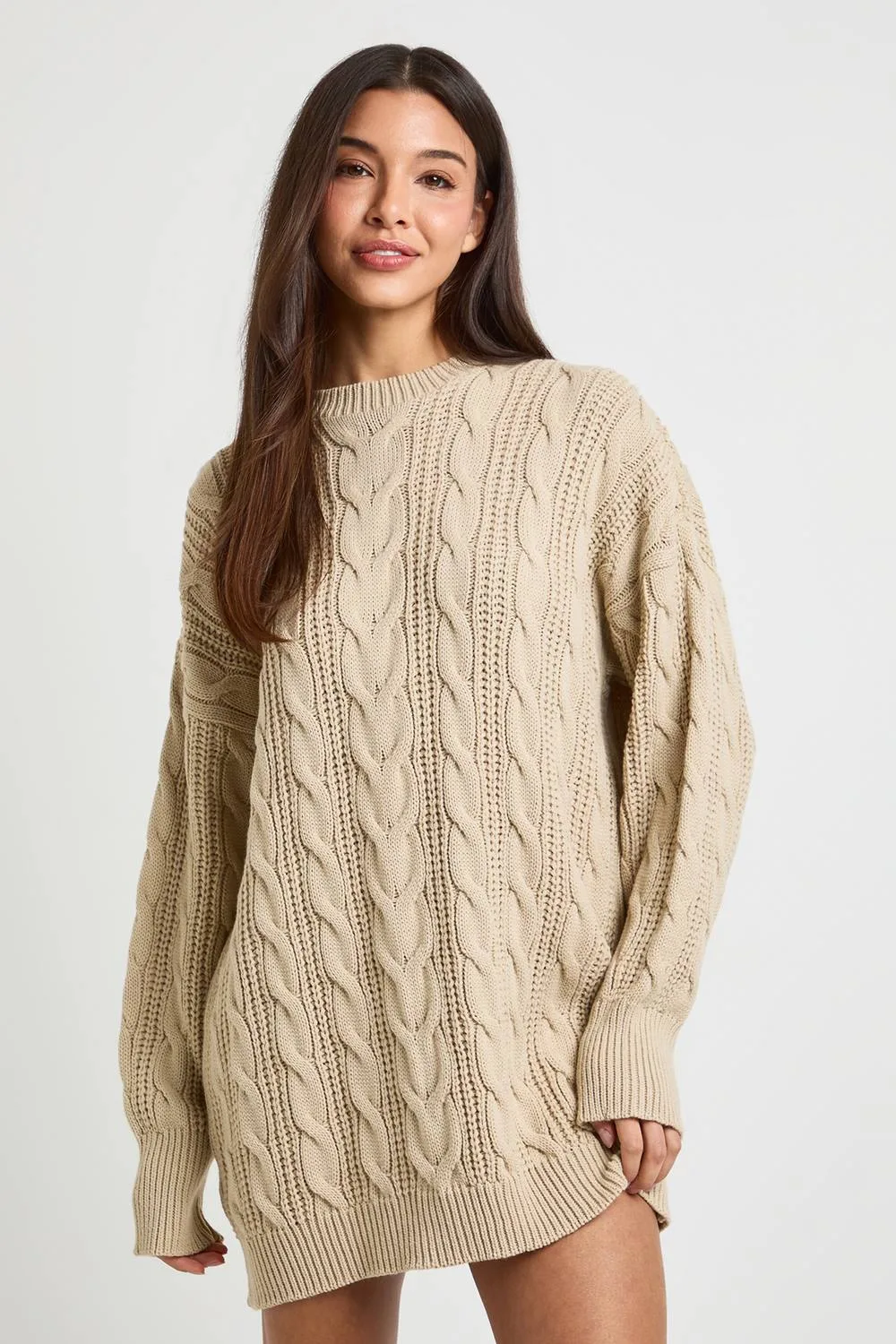 Chunky Knit Cable Jumper Dress - Stone