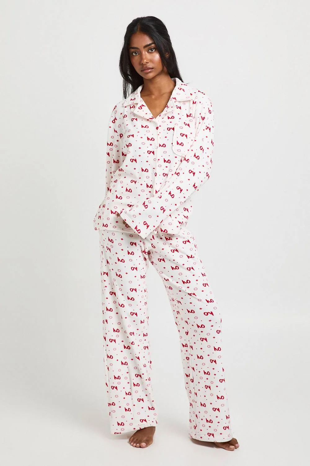 Christmas Print Fleece Long Sleeve Shirt & Trouser Pyjama Set by boohoo