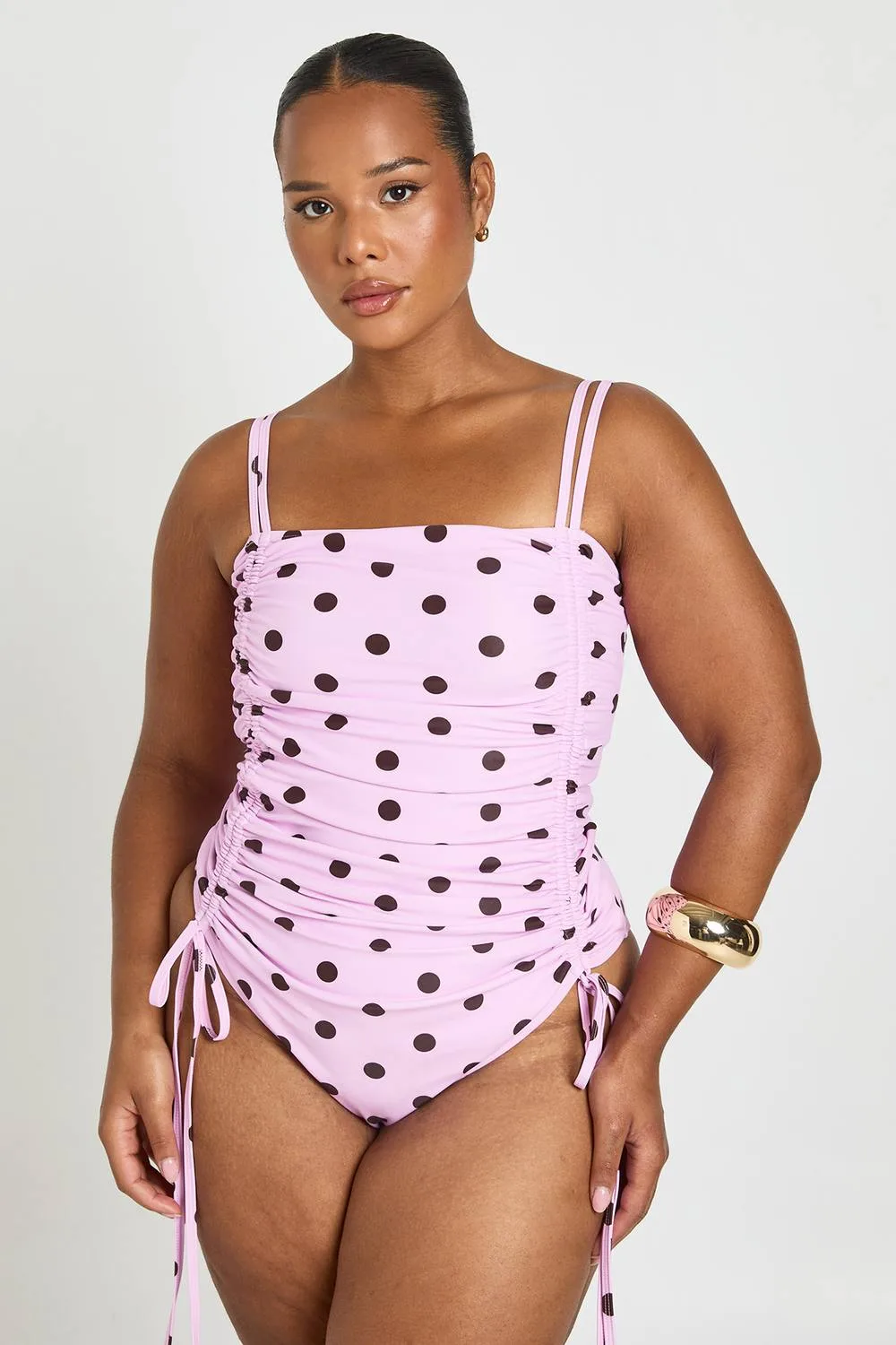 Polka Dot Ruched Swimsuit by boohoo