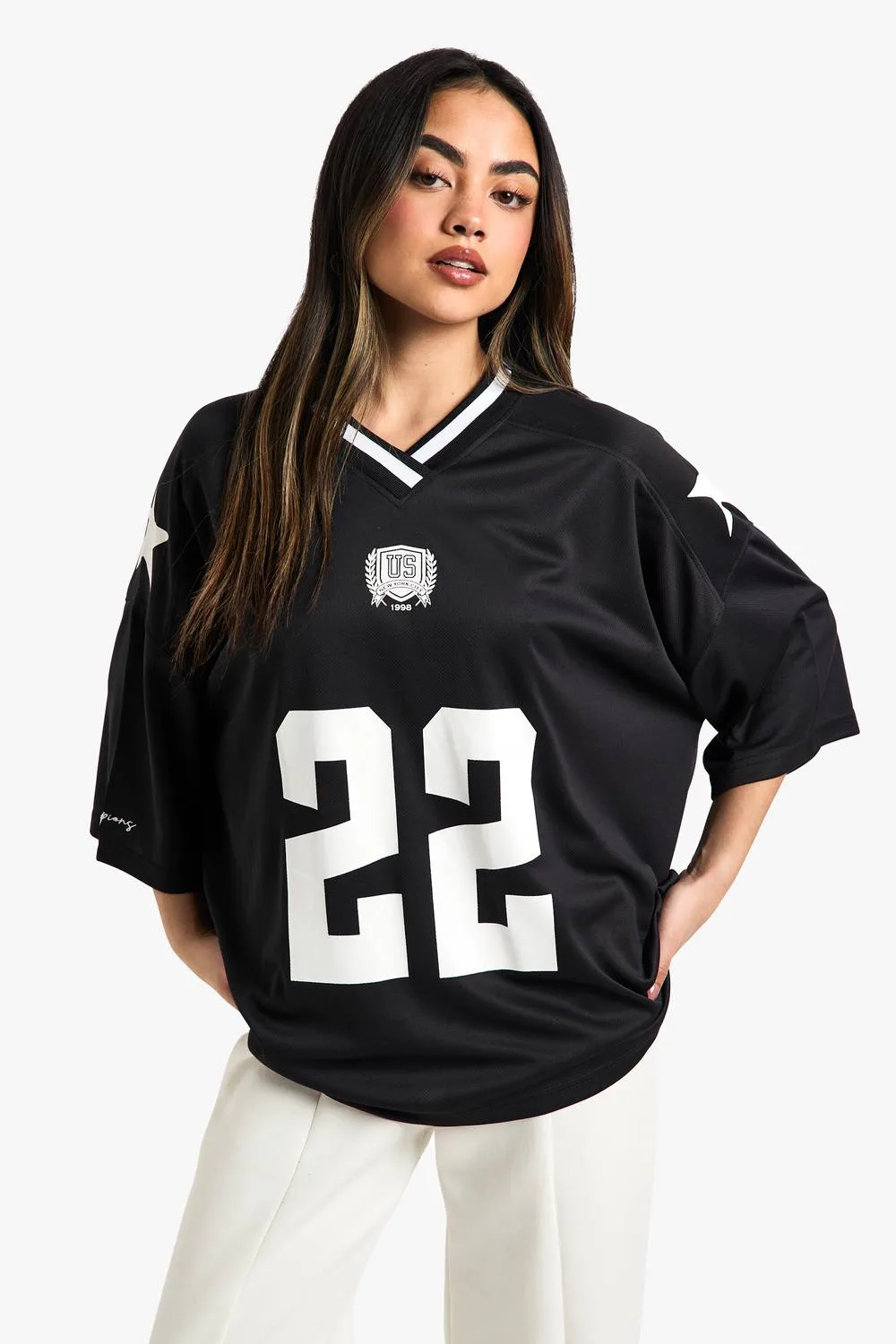 Varsity Slogan V Neck Football Jersey by boohoo