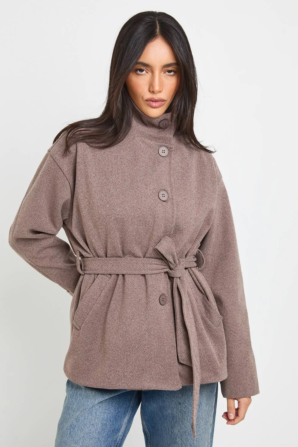 Herringbone Belted Wool Look Coat by boohoo