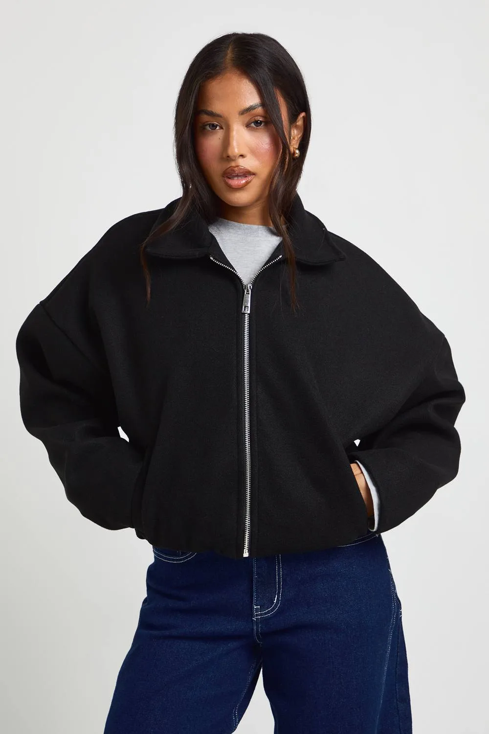 Collared Wool Look Bomber Jacket by boohoo