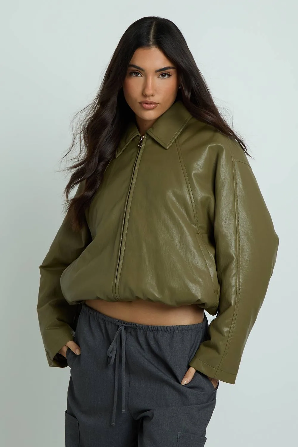 Faux Leather Padded Bomber Jacket by boohoo