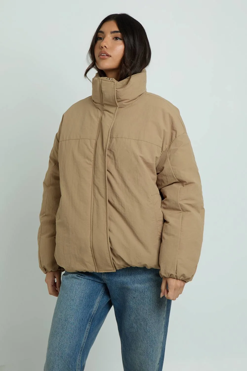 Funnel Neck Oversized Puffer Jacket - Stone by boohoo