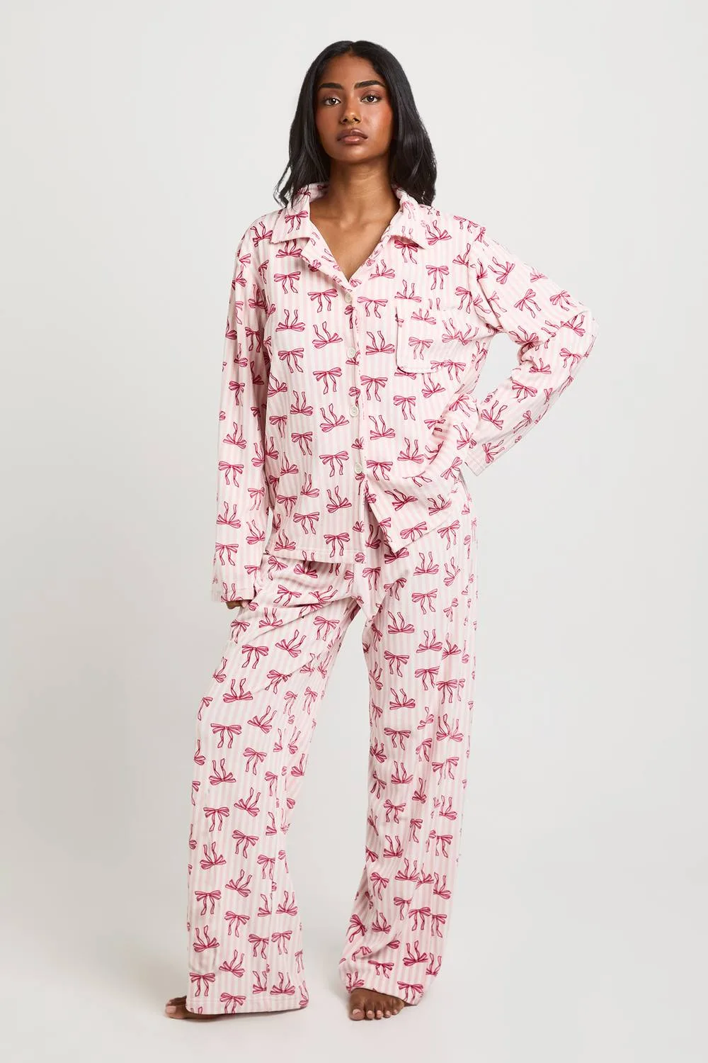 Pinstripe Bow Print Fleece Long Sleeve Shirt & Trouser Pyjama Set by boohoo