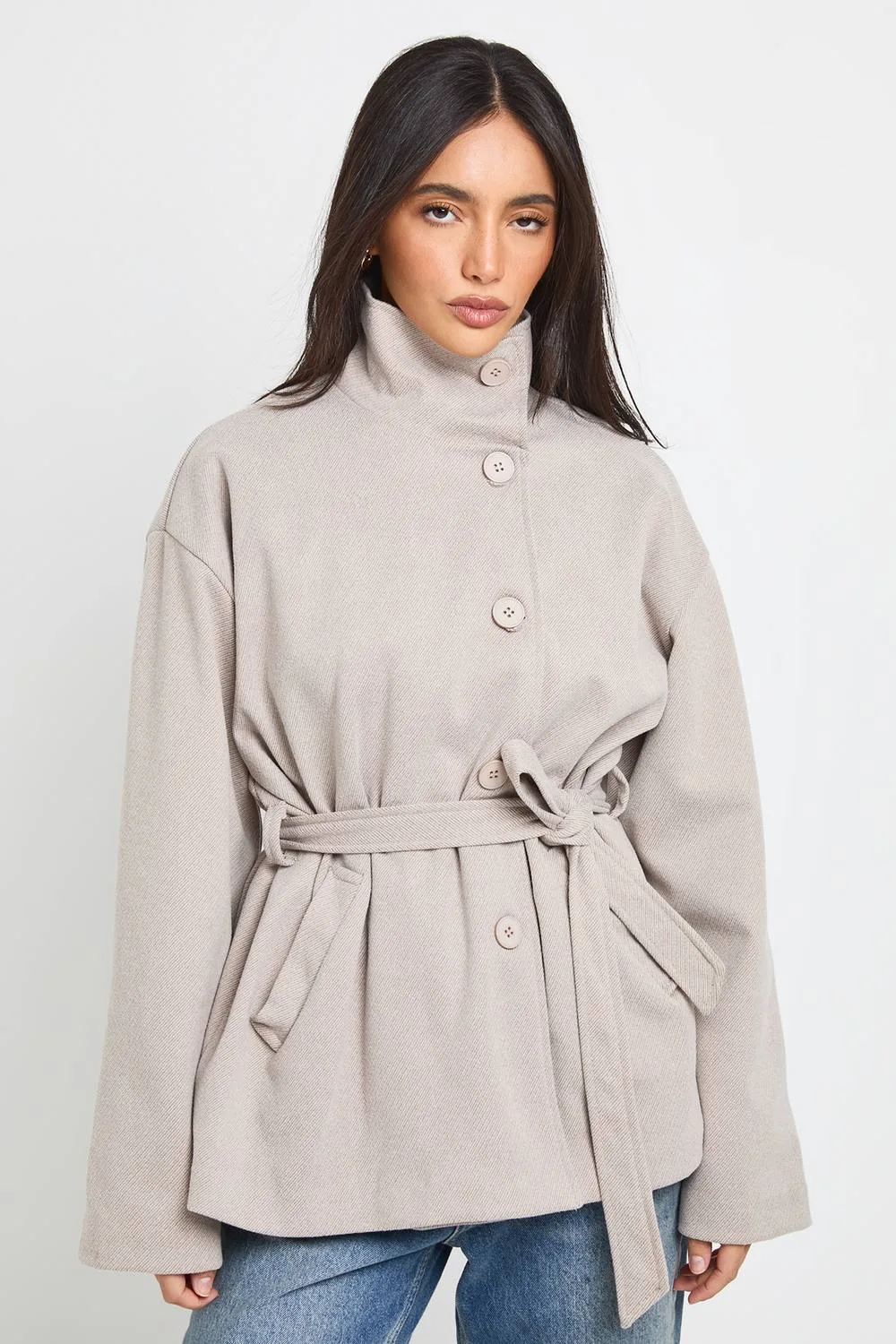 Herringbone Belted Wool Look Coat - Stone by boohoo