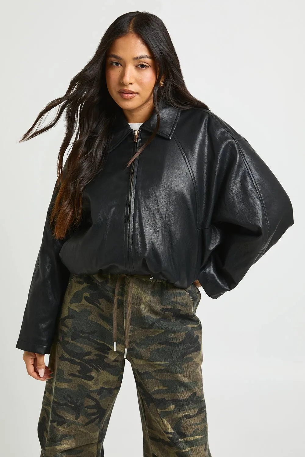 Faux Leather Padded Bomber Jacket by boohoo