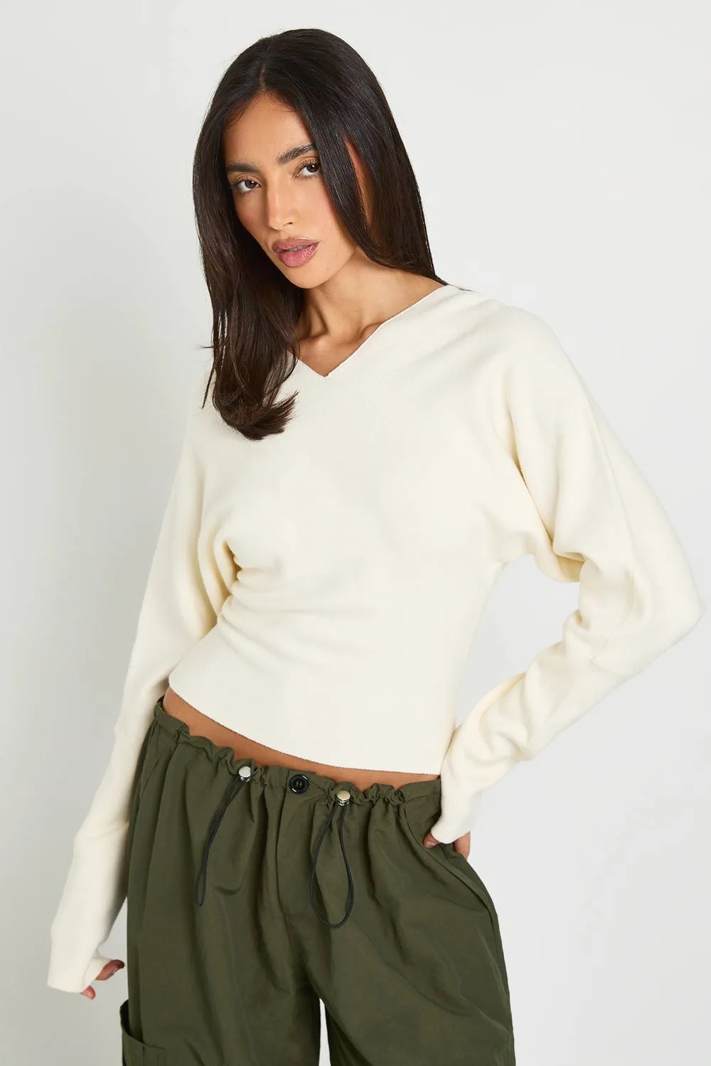 V Neck Cinched Waist Knitted Top by boohoo