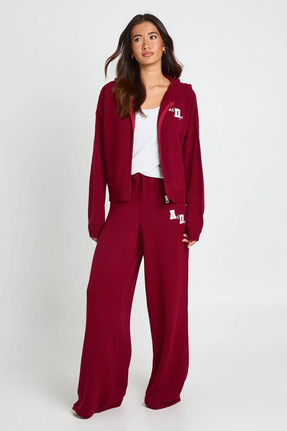 Embroidery Hooded Knitted Wide Leg Trouser Co-Ord by boohoo