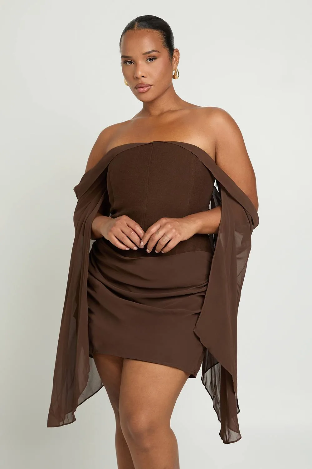 Bardot Flare Sleeve Drape Skirt Corset Mini Dress by boohoo