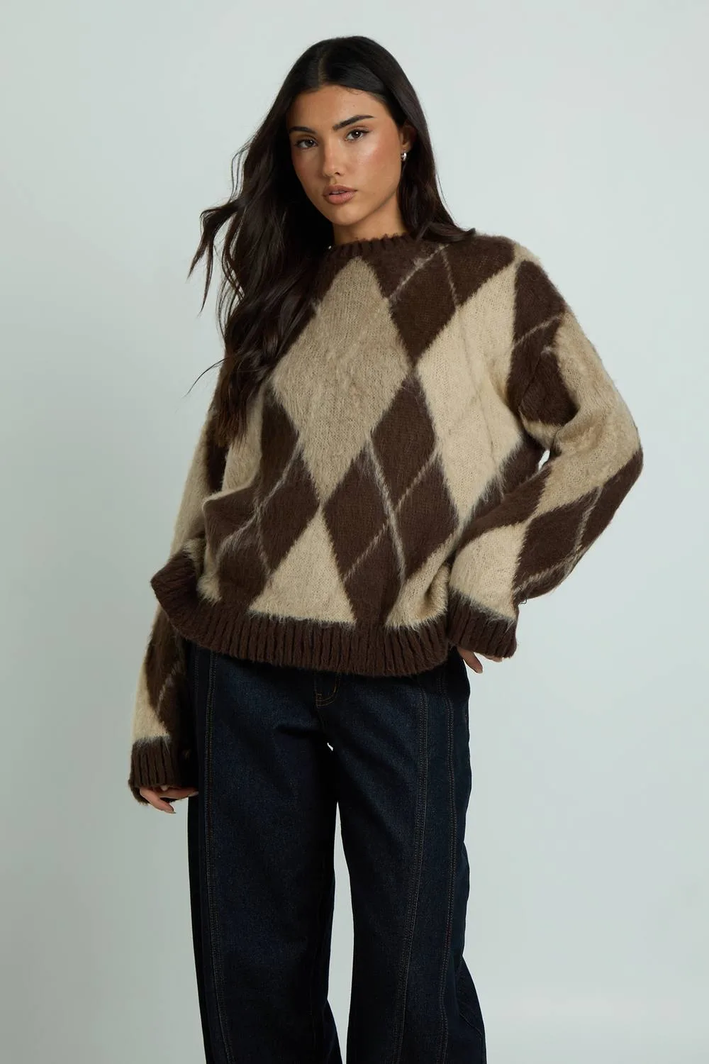 Brushed Knit Argyle Oversized Jumper