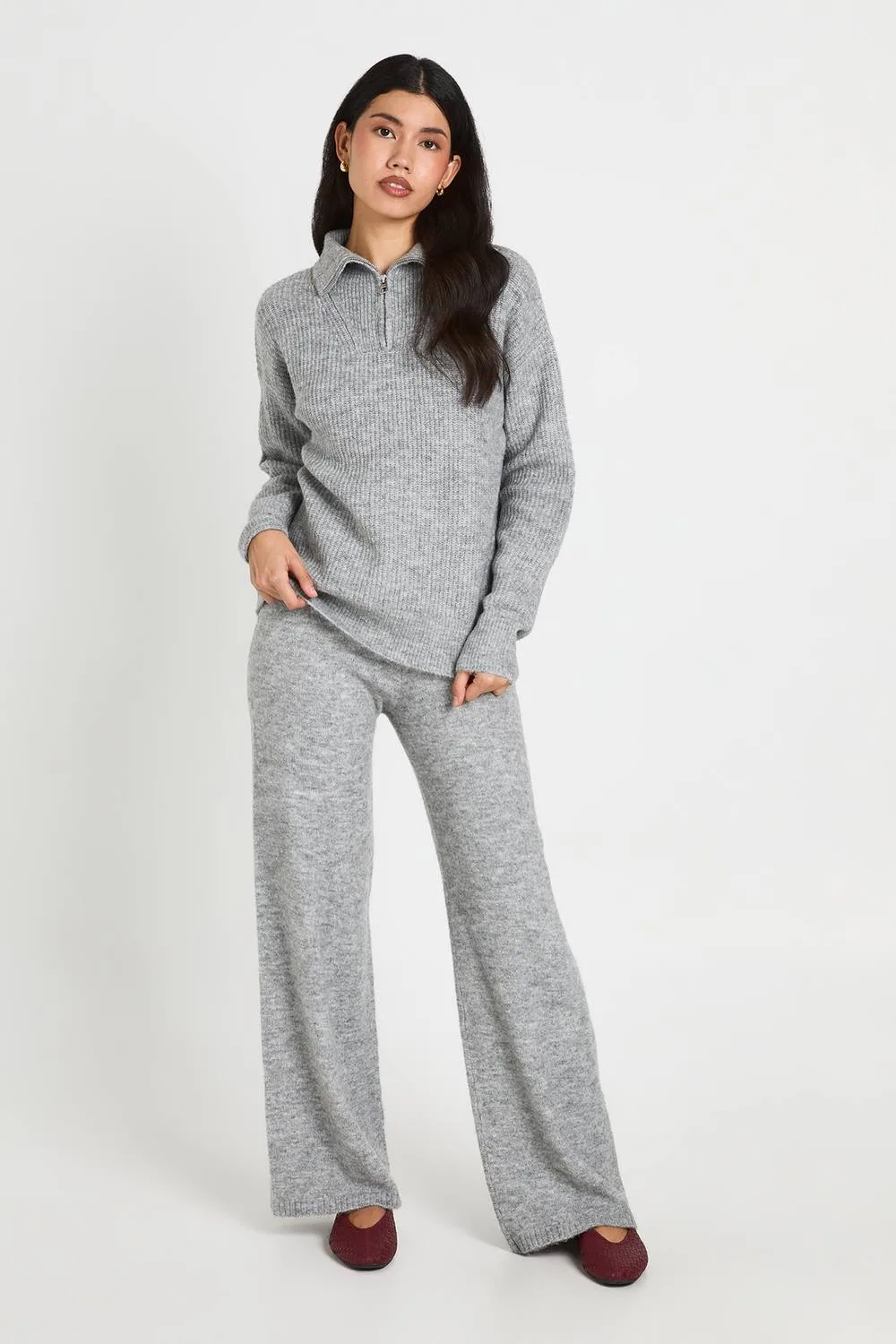 Chunky Knit Oversized Zip Neck Jumper & Trouser Co-Ord by boohoo
