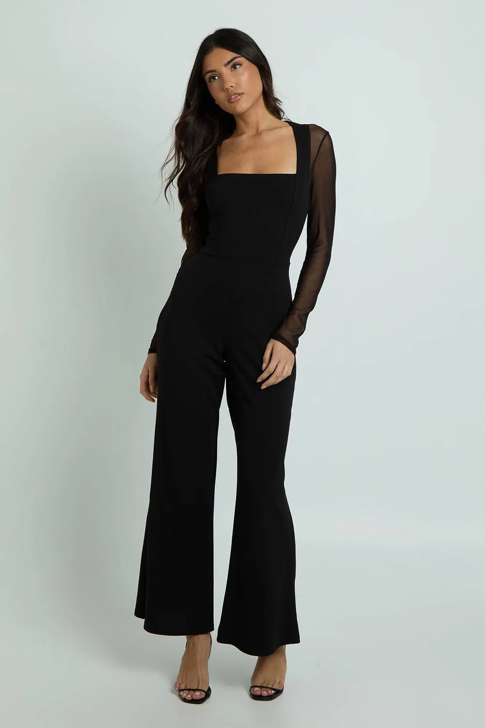 Jersey Crepe & Mesh Square Neck Jumpsuit by boohoo