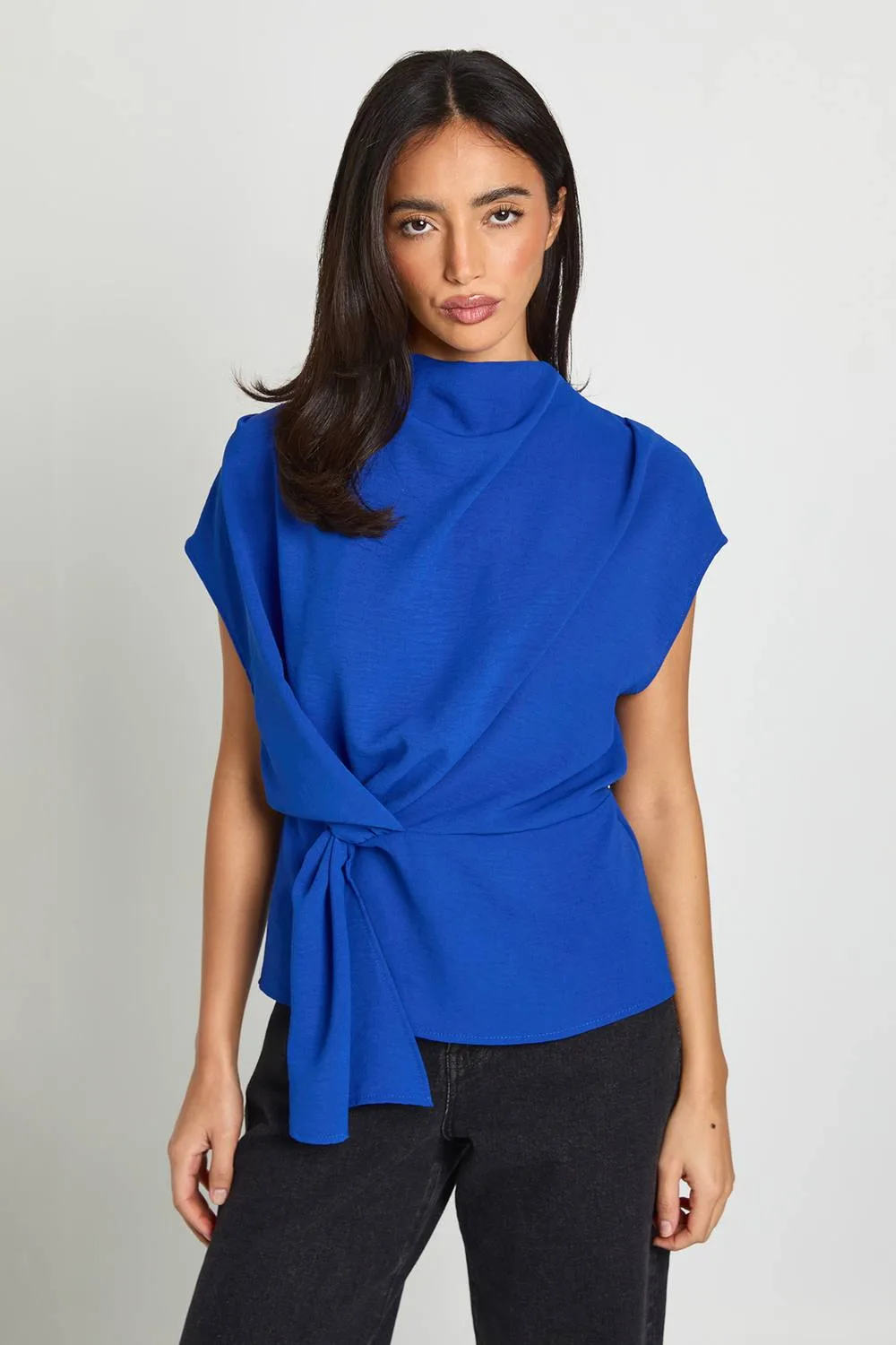 Hammered Knot Front Cowl Neck Blouse by boohoo
