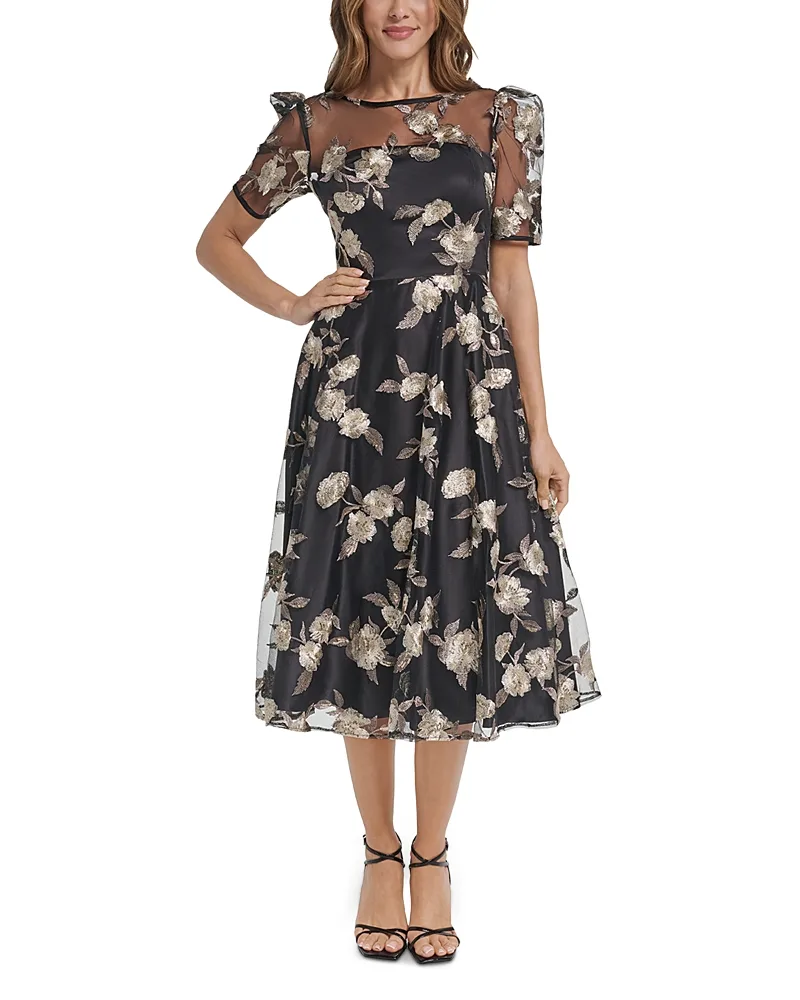 Embroidered Illusion Yoke Elbow Sleeve Dress by Eliza J