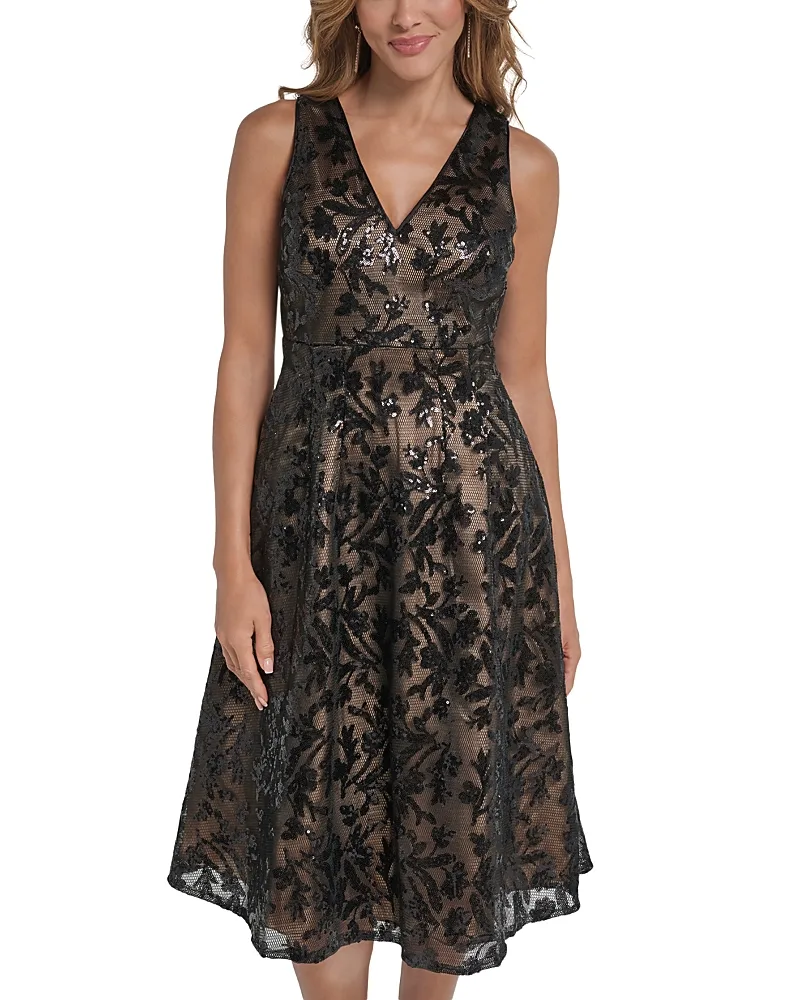 Floral Sequin V Neck a Line Dress by Eliza J