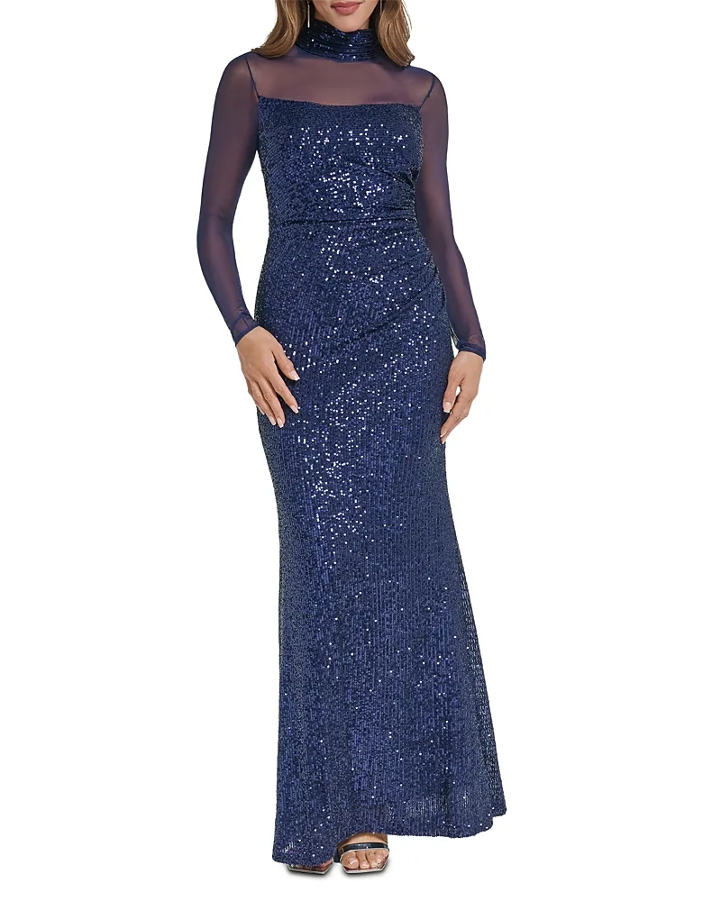 Sequin Mock Neck Illusion Gown by Eliza J