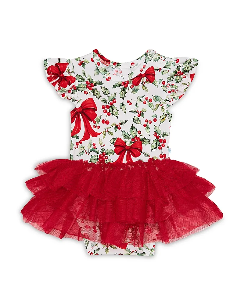 Happy Holly Days Ruffled Cap Sleeve Tulle Skirt Bodysuit by Posh Peanut