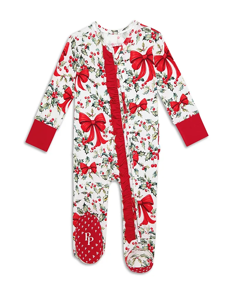 Happy Holly Days Ruffled Zippered One Piece Footie by Posh Peanut