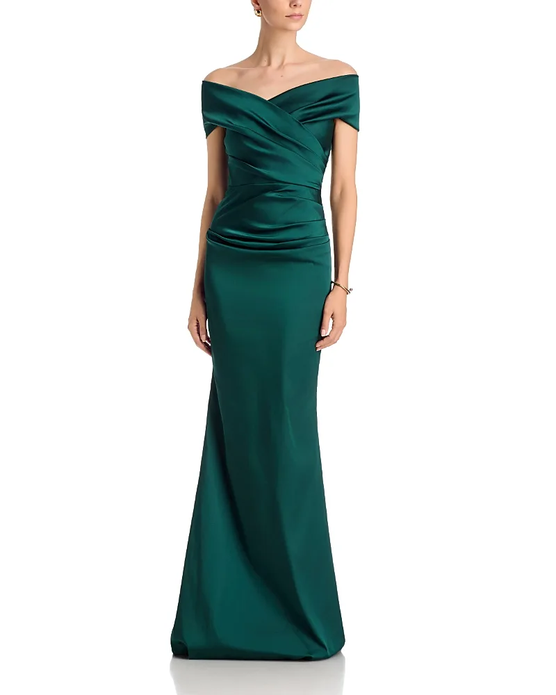Teri Jon by Rickie Freeman Satin Stretch Off the Shoulder Gown