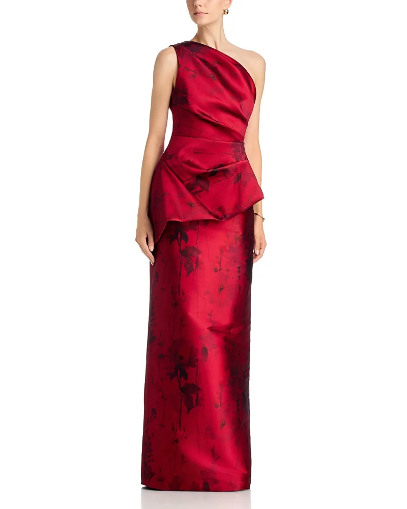 Teri Jon by Rickie Freeman Asymmetric Floral Print Mikado Gown