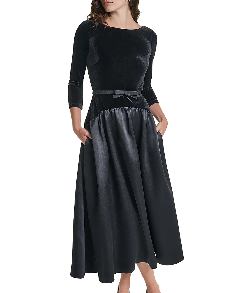 Paris Stretch Velvet Satin Bow Midi Dress by Karl Lagerfeld
