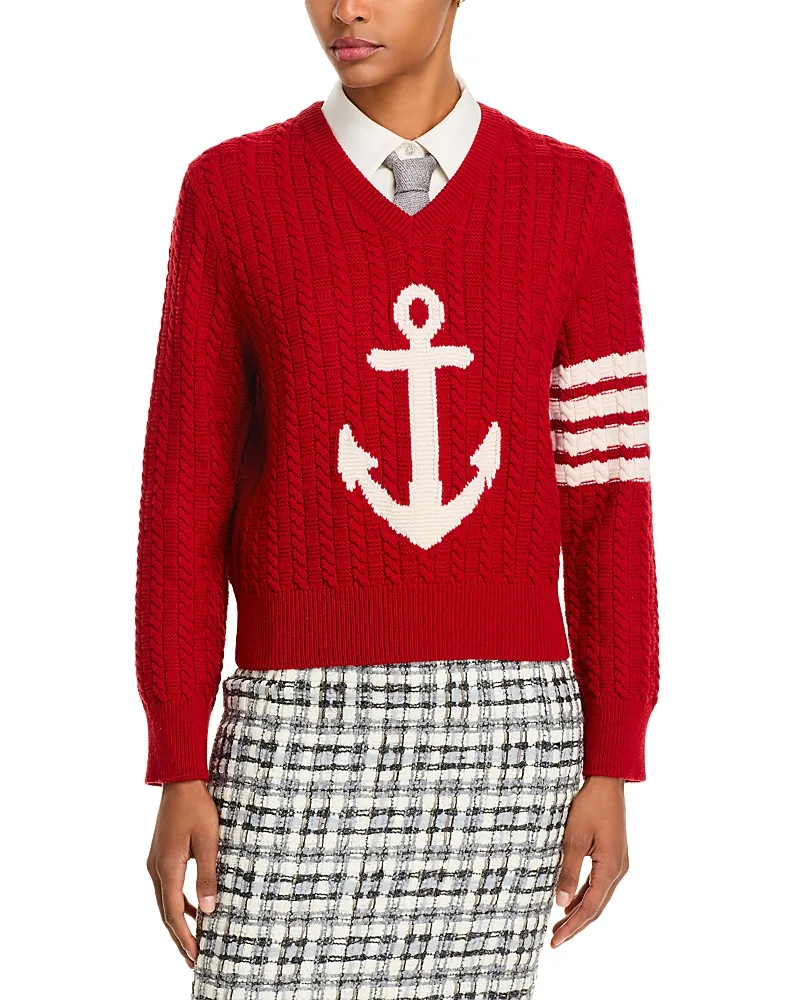 Anchor Intarsia Cable Knit V Neck Sweater by Thom Browne