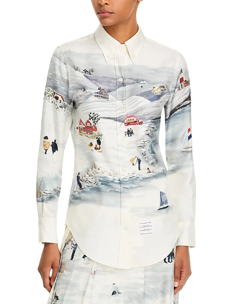 Winter Scenic Silk Twill Long Sleeve Button Down Shirt by Thom Browne