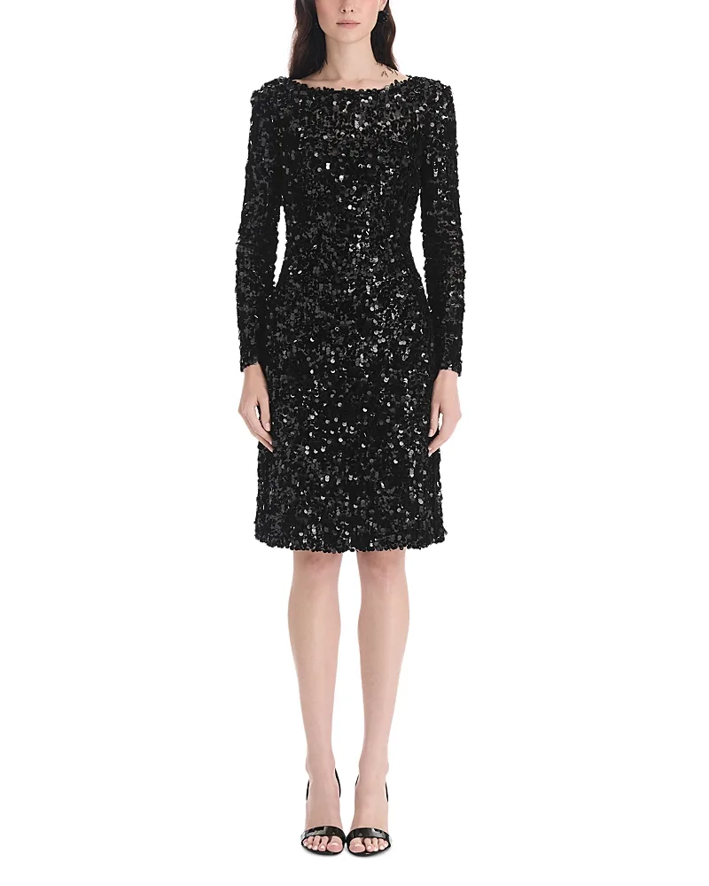 Long Sleeve Velvet Paillettes Chiffon Dress by Oscar de la Renta