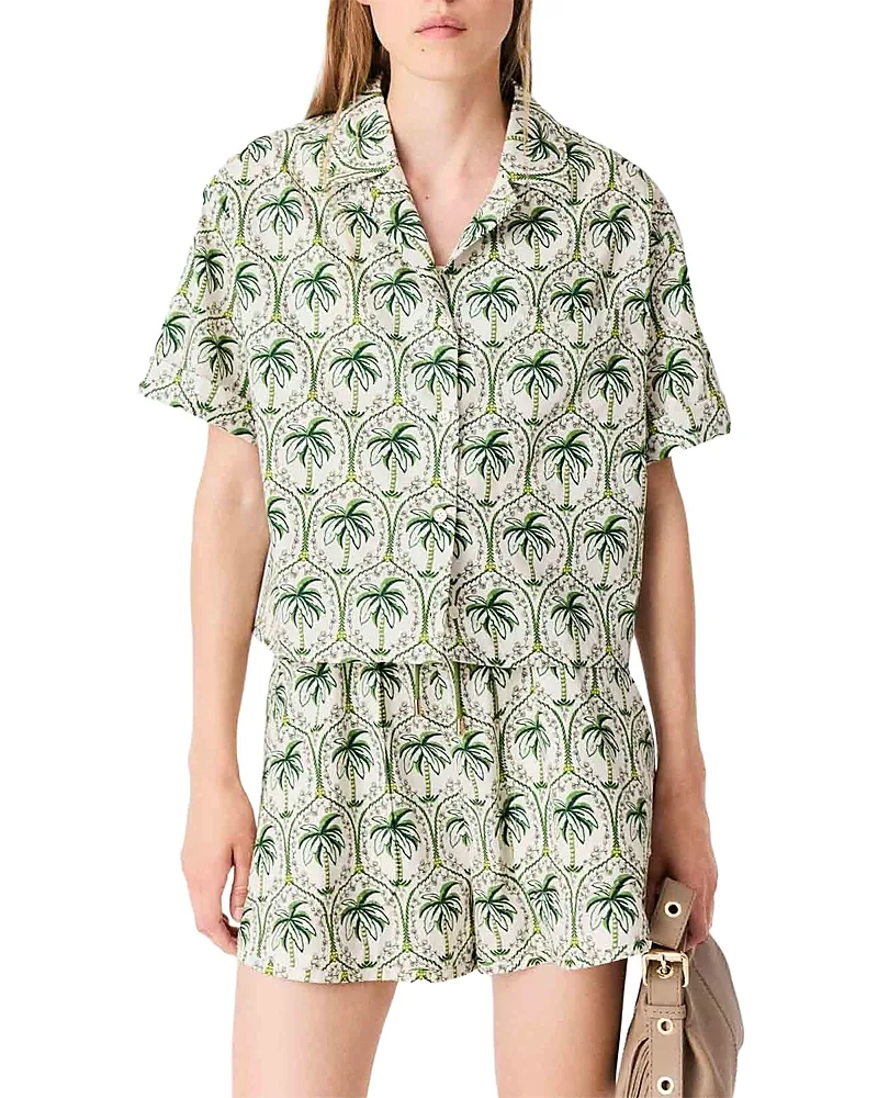 Cotton Palm Print Cropped Shirt by Maje