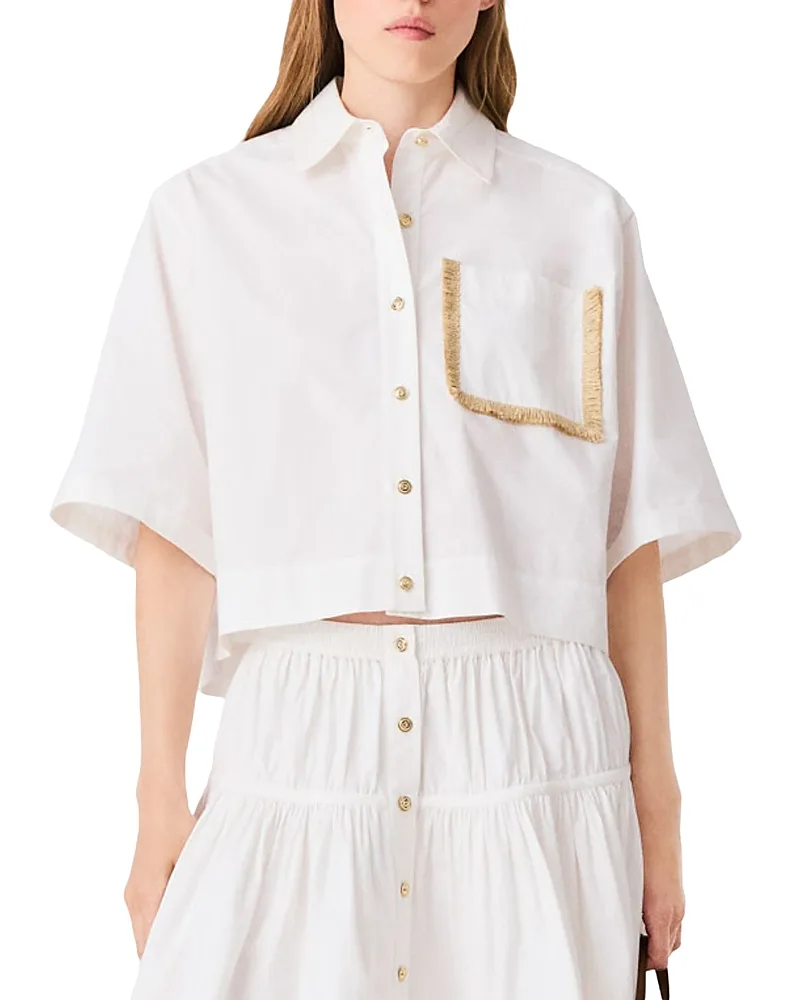 Raffia Trim Cropped Button Up Shirt by Maje