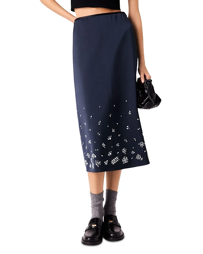 Rhinestone Embroidered Satin Midi Skirt by Maje