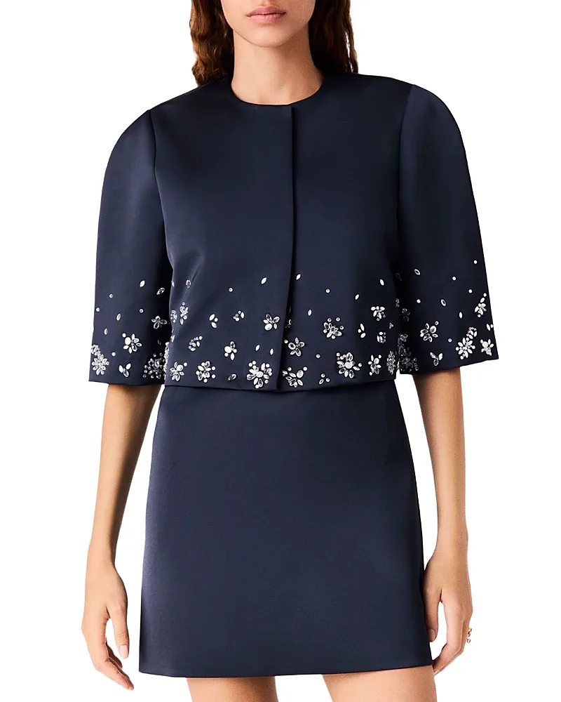 Vastapril Cropped Rhinestone Embellished Satin Jacket by Maje
