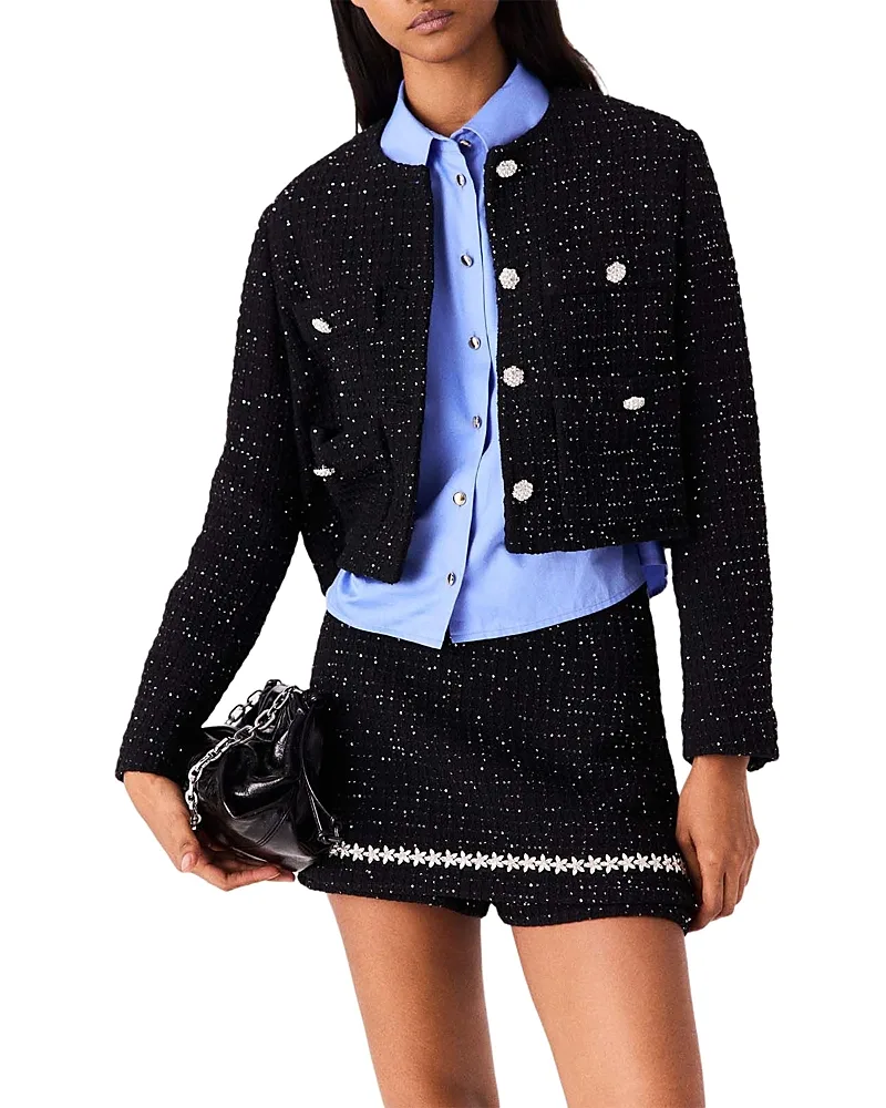 Veralys Cotton Blend Cropped Sequinned Tweed Jacket by Maje