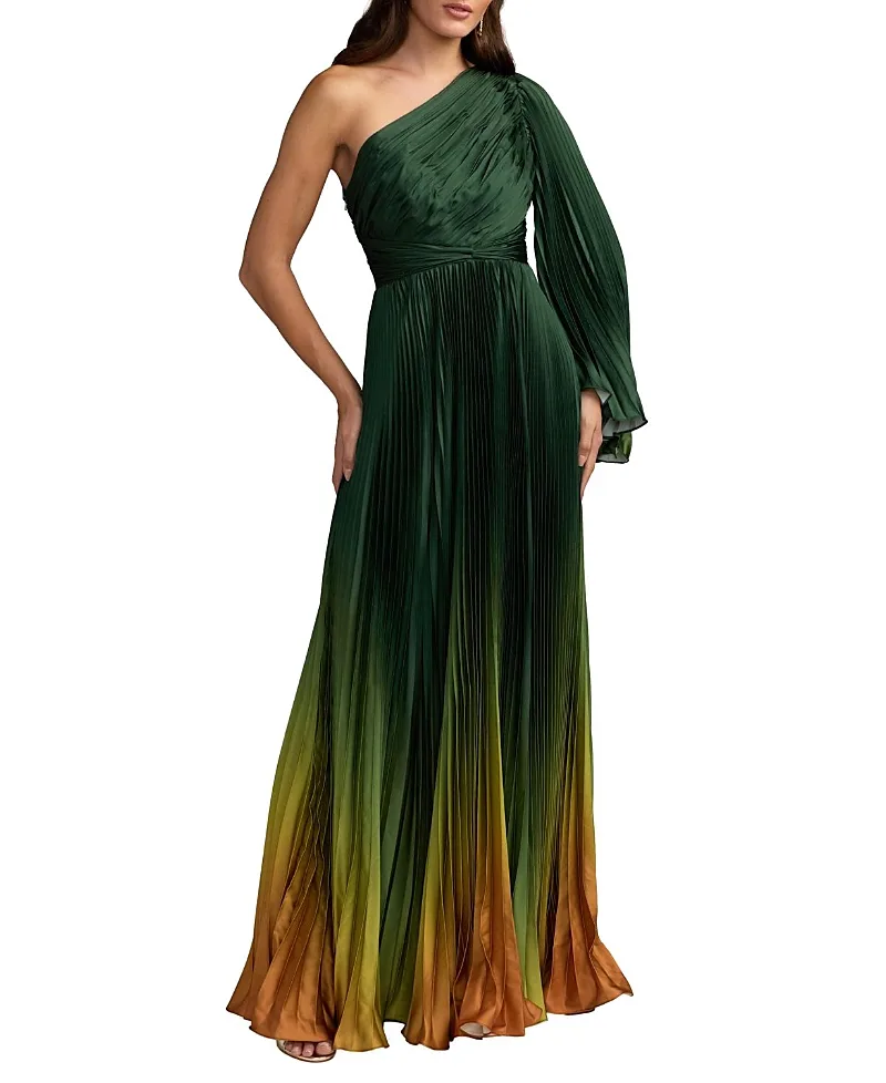 Pleated Charmeuse One Long Flare Sleeve Gown by M.A.C.