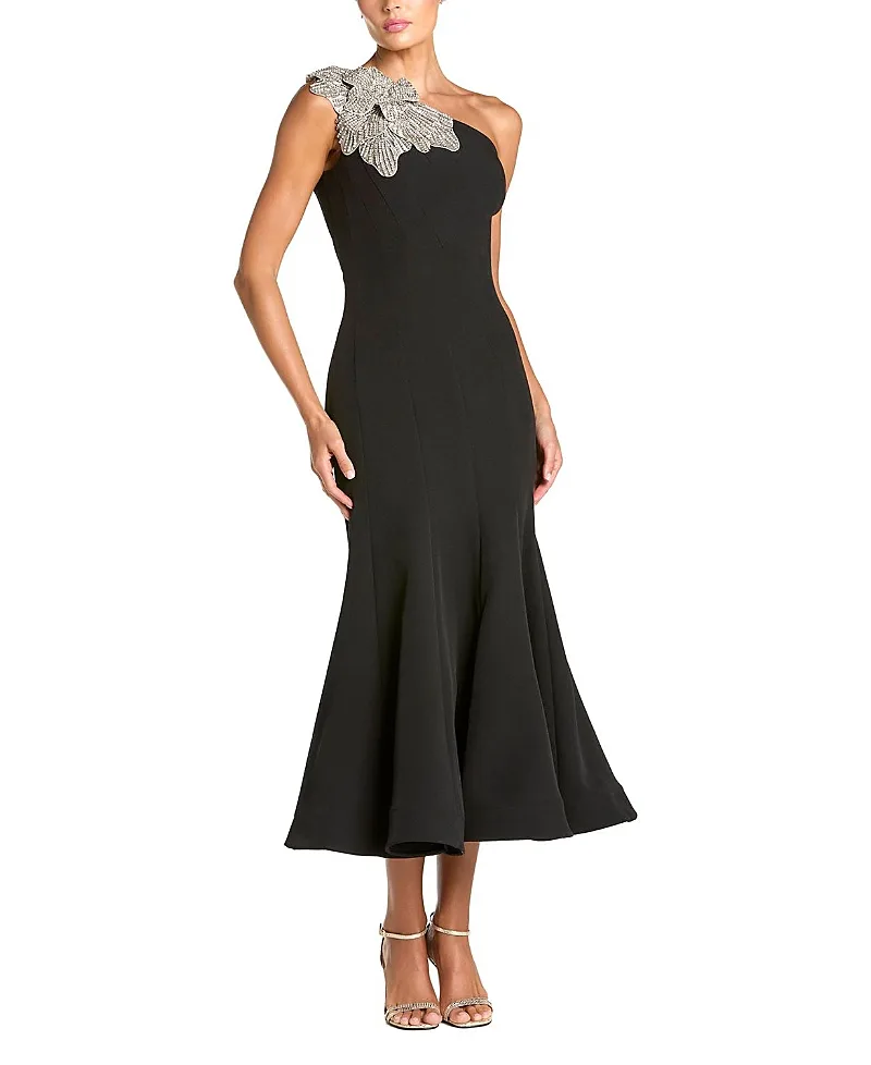 Crepe One Shoulder Mermaid Midi Dress with Flower by M.A.C.